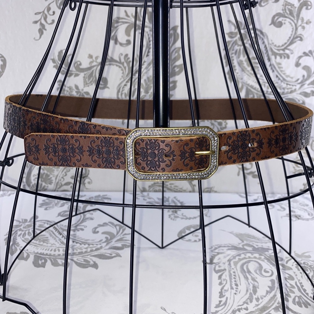 VINTAGE BLING BROWN BELT, ORNATE STAMPED DESIGN LARGE